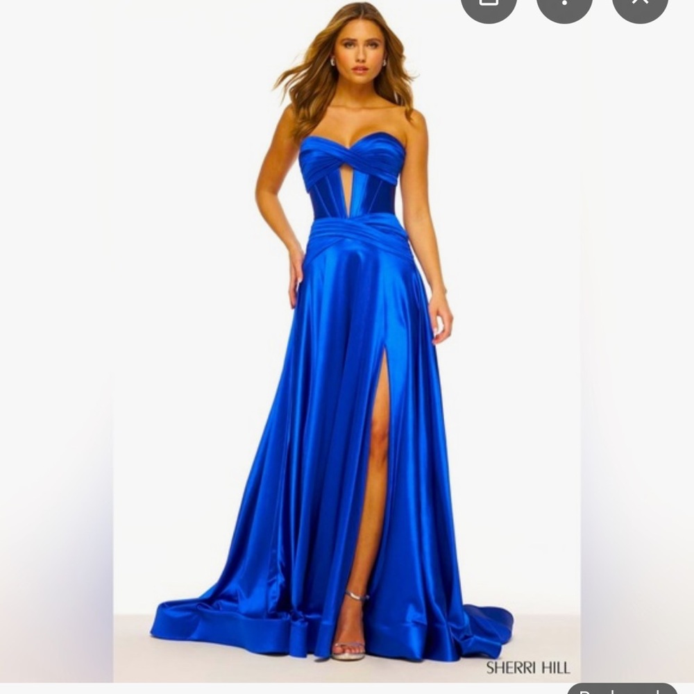 Sherri Hill 56161 Royal Blue Satin Prom Gown with High Thigh Slit